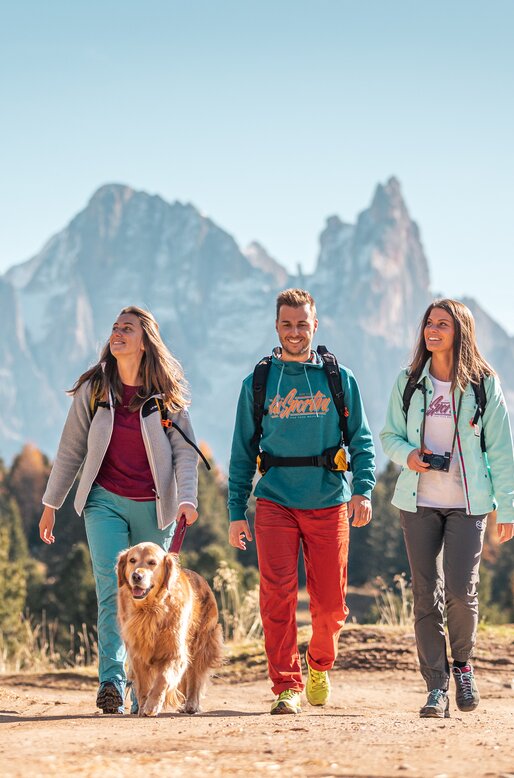 Amici che camminano insieme a un cane in un paesaggio autunnale ai piedi delle Pale di San Martino.  | © APT Fiemme e Cembra - Gaia Panozzo
